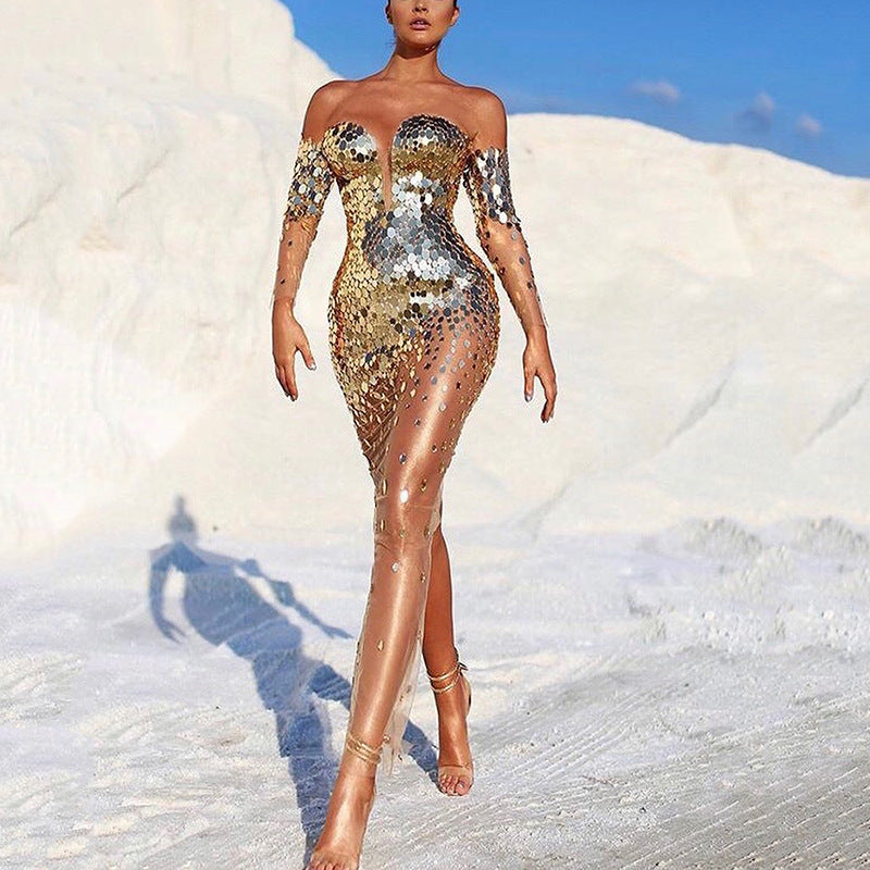 Sequin Dress | Gold Banquet Evening Gown | Women's Elegant