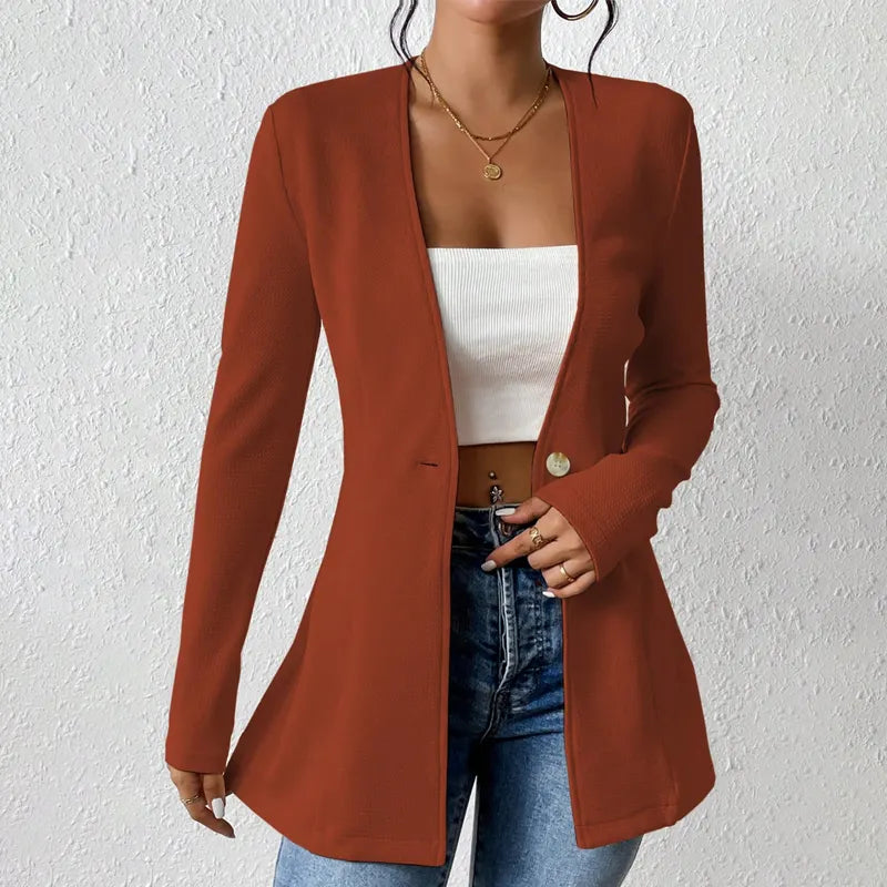 Women tailored single button blazer structured silhouette open lapel