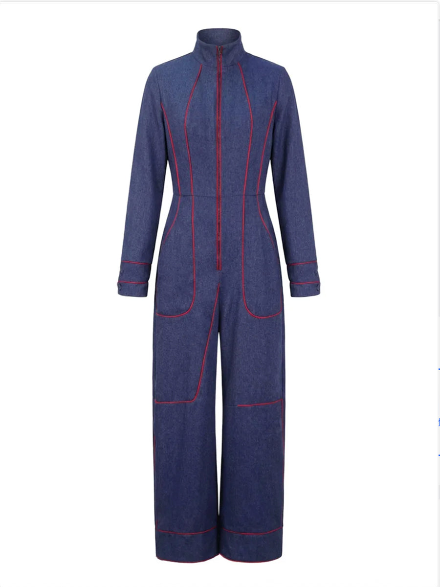 Denim Jumpsuit | Wide Leg, Long Sleeve, Mock Neck
