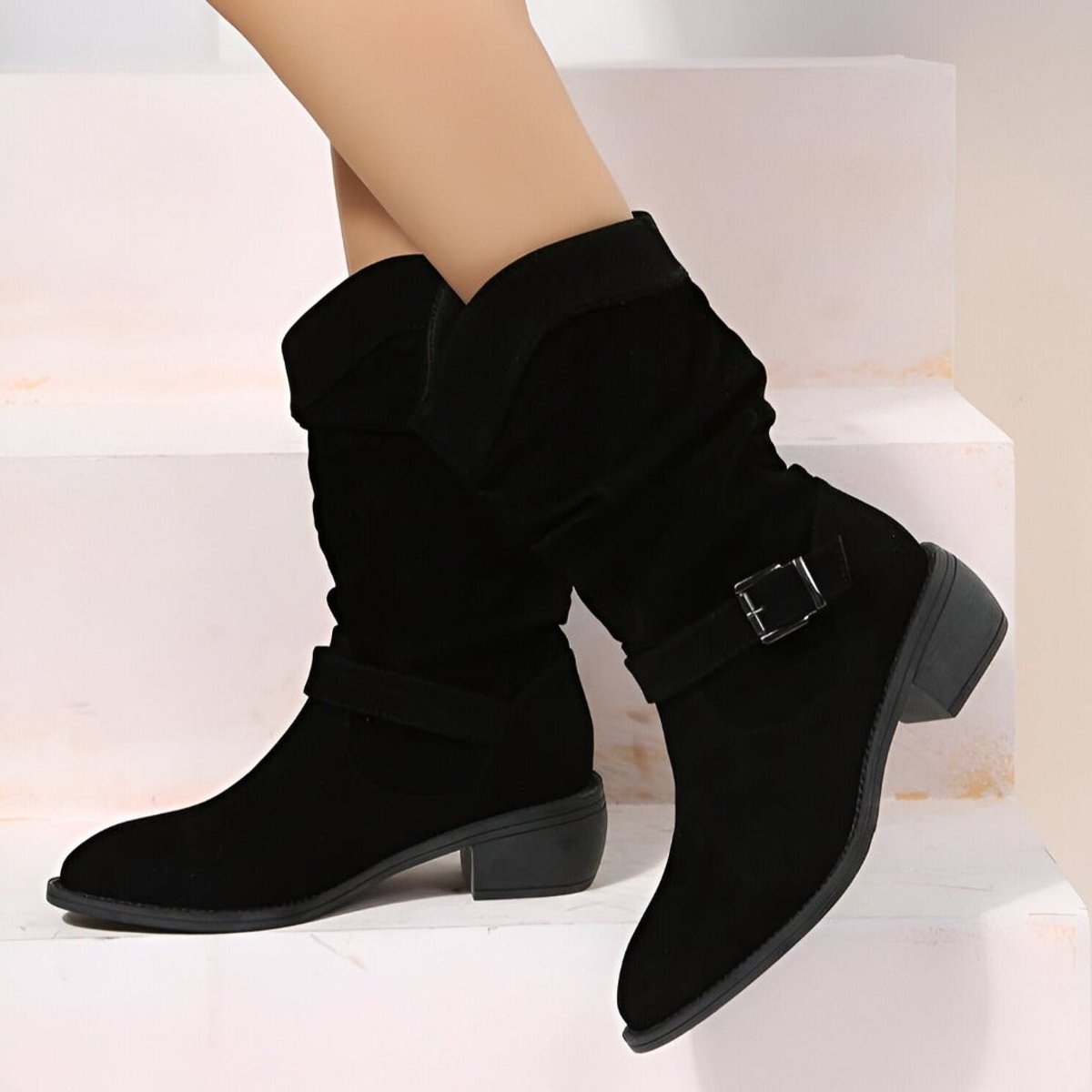 Women knee high slouchy boots with low block heel and faux suede upper