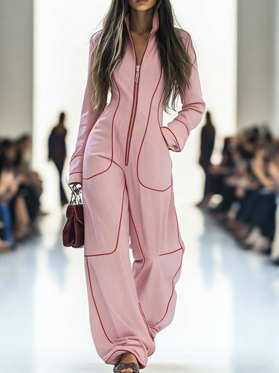 Denim Jumpsuit | Wide Leg, Long Sleeve, Mock Neck