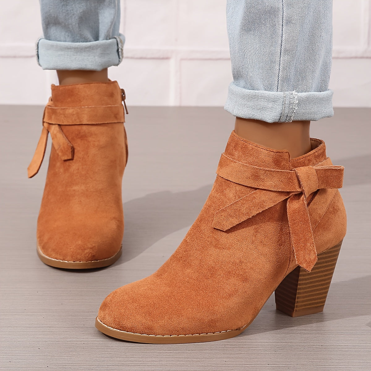 Women pointed toe block heel ankle boots with bow detail and side zip