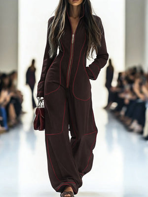Denim Jumpsuit | Wide Leg, Long Sleeve, Mock Neck