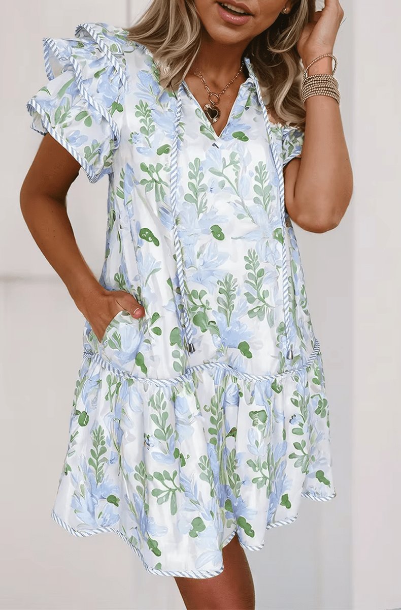 Women's Mini Dress | Floral, Short Sleeves, V-Neckline