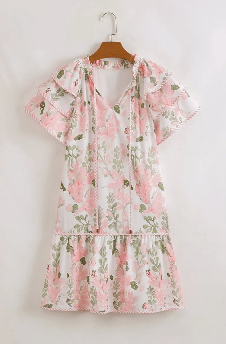 Women's Mini Dress | Floral, Short Sleeves, V-Neckline