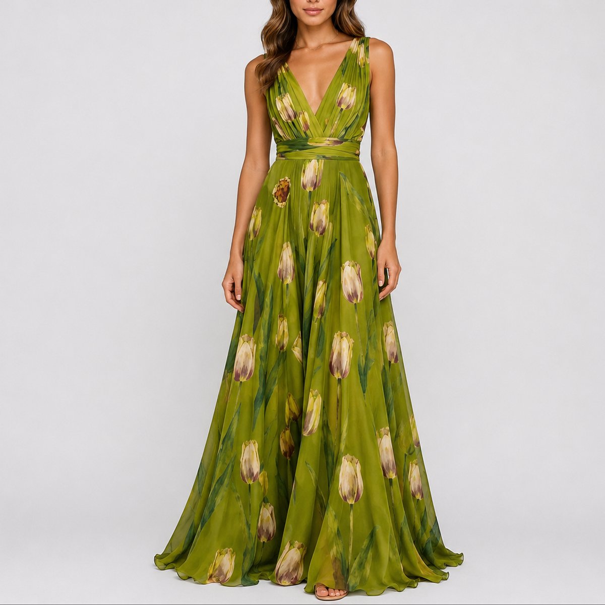 Women Floral Chiffon Maxi Dress Deep V-Neck
