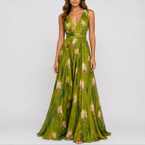 Women's Maxi Dress | Floral Chiffon, Deep V Neck | Elegant Flowing Dress