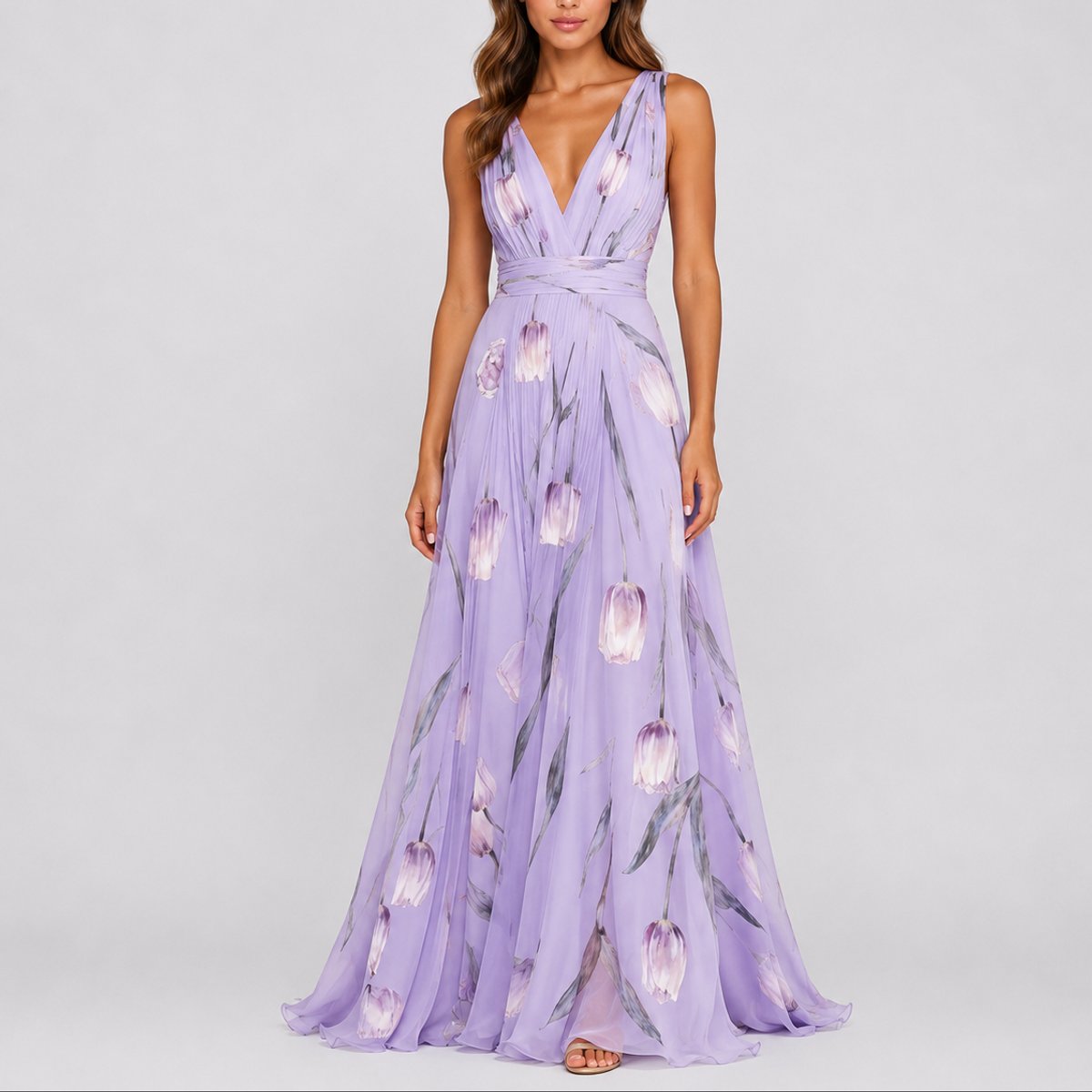 Women Floral Chiffon Maxi Dress Deep V-Neck