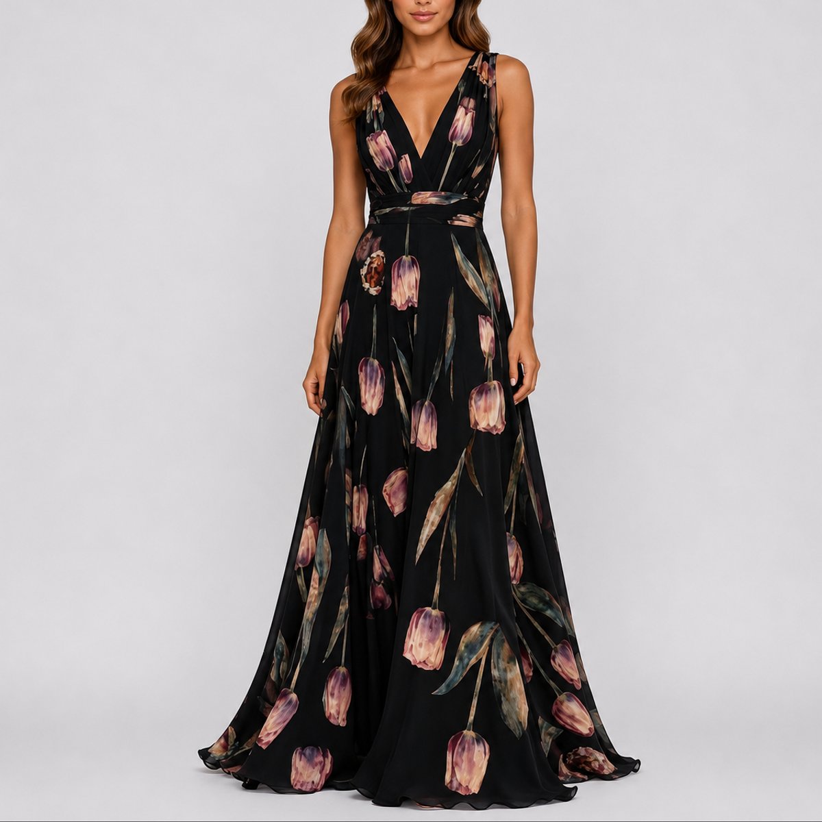 Women Floral Chiffon Maxi Dress Deep V-Neck