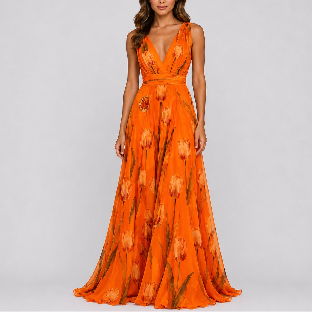 Women Floral Chiffon Maxi Dress Deep V-Neck