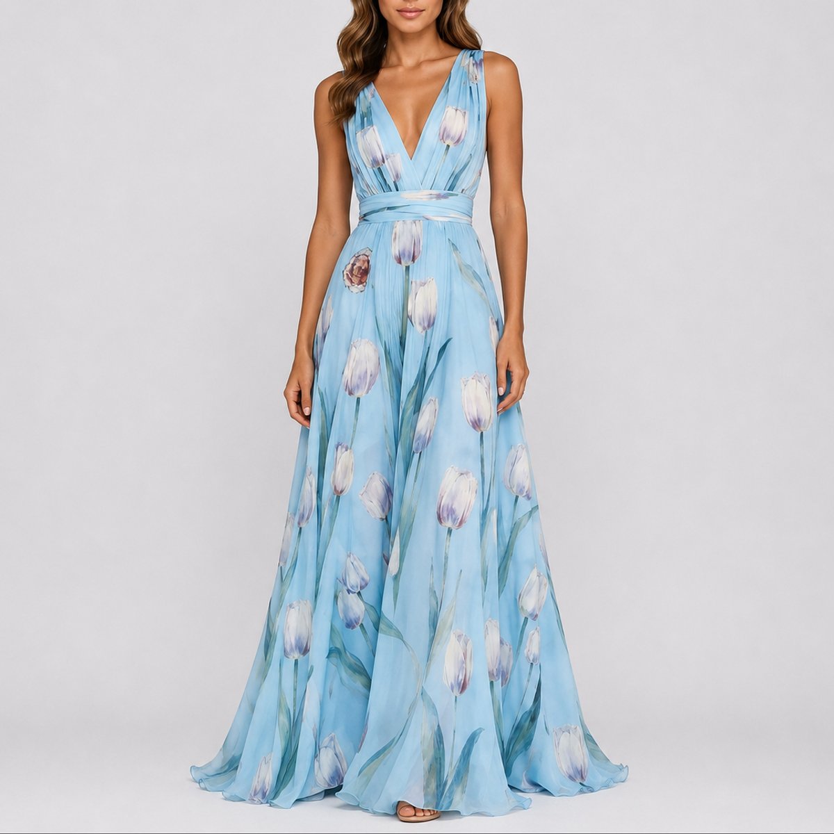 Women Floral Chiffon Maxi Dress Deep V-Neck