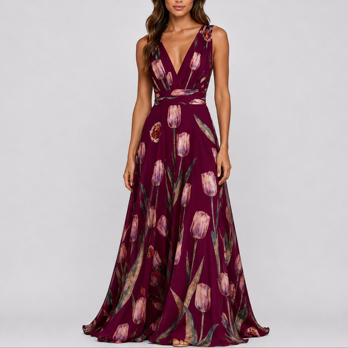 Women Floral Chiffon Maxi Dress Deep V-Neck