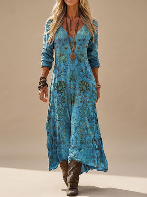 Women's Boho Maxi Dress | Floral Print, Long Sleeve | V Neck Casual Dress