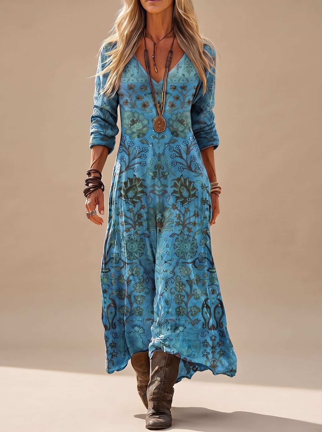 Women Boho Maxi Dress Long Sleeve Floral V-Neck