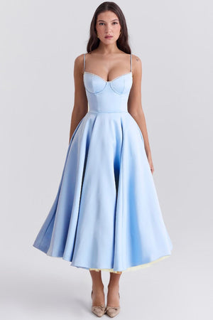 Women’s Satin Midi Dress | Corset Bodice, Swing Skirt | Elegant Partywear