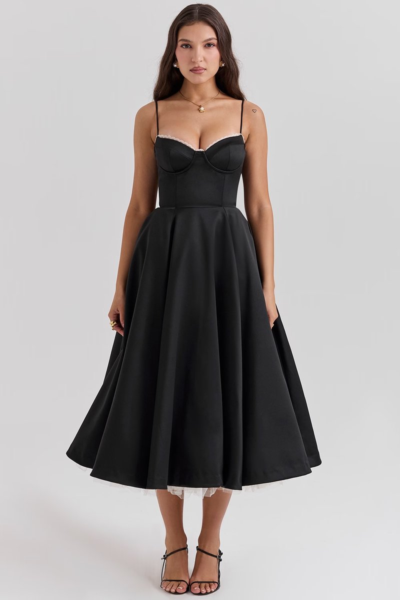 Women satin midi party dress corset bodice swing skirt full length