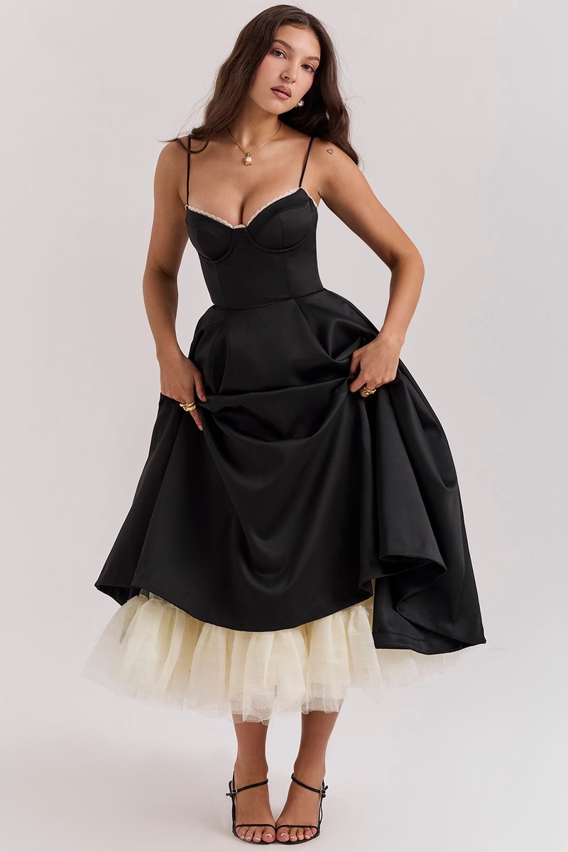 Women satin midi party dress corset bodice swing skirt full length
