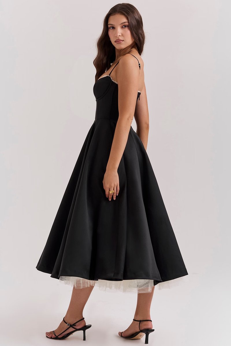 Women satin midi party dress corset bodice swing skirt full length