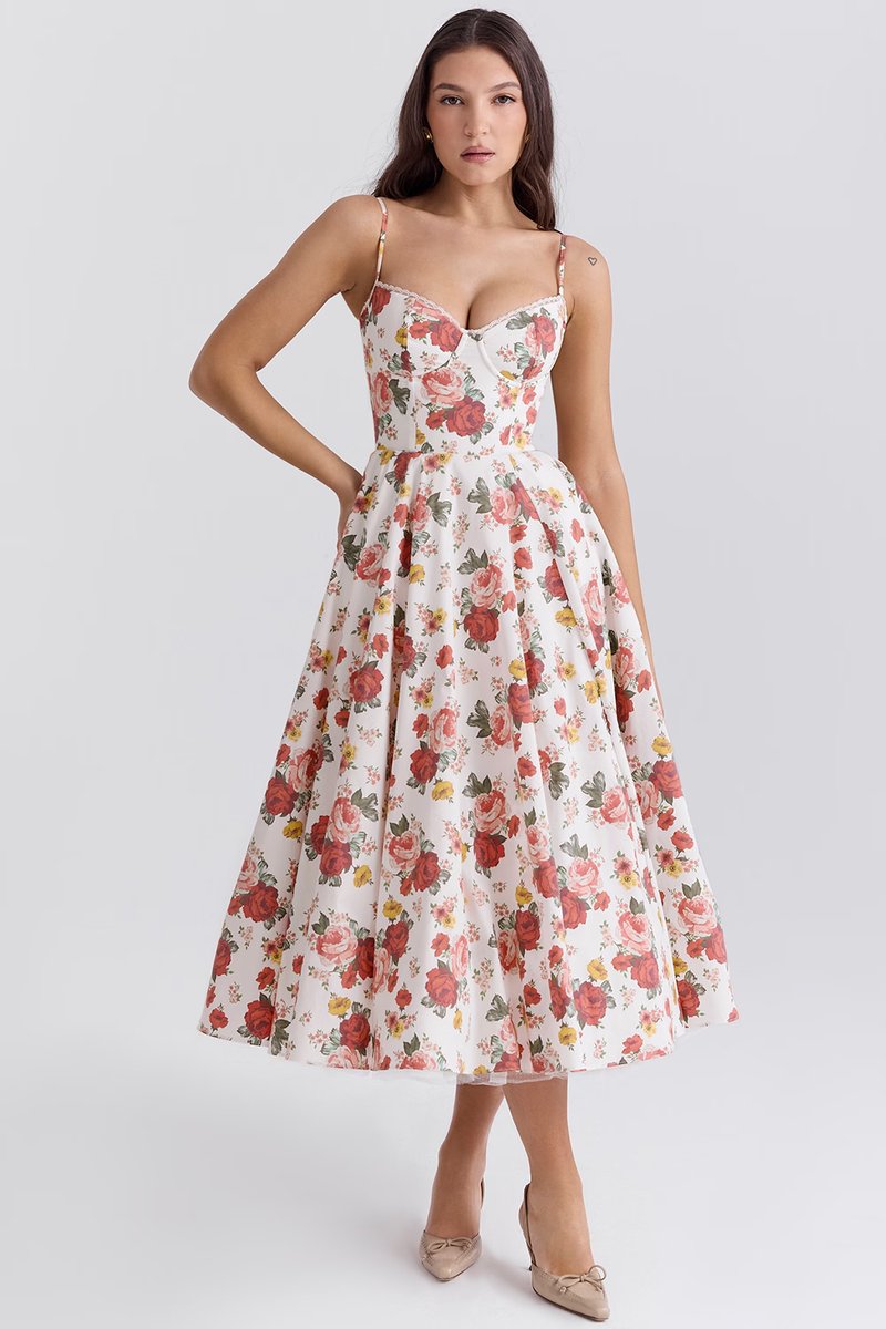 Women satin midi party dress corset bodice swing skirt full length