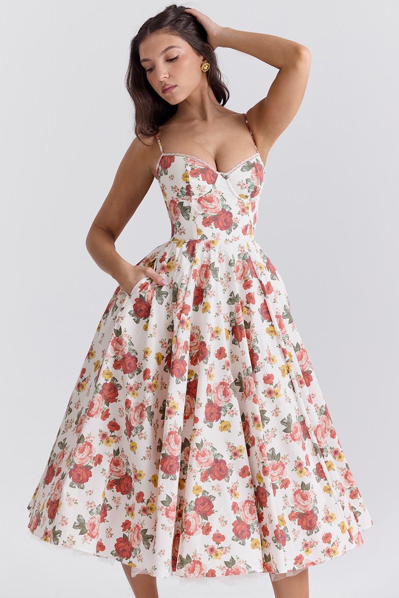 Women satin midi party dress corset bodice swing skirt full length