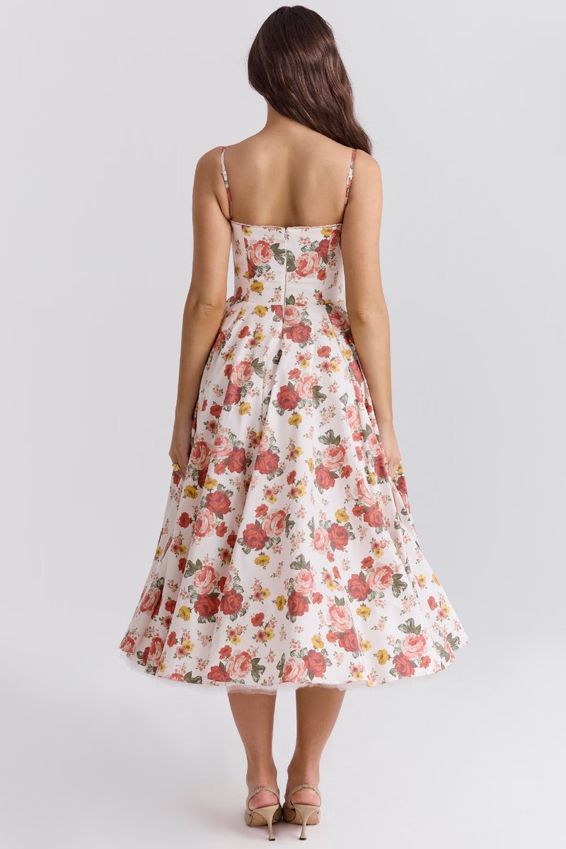 Women satin midi party dress corset bodice swing skirt full length