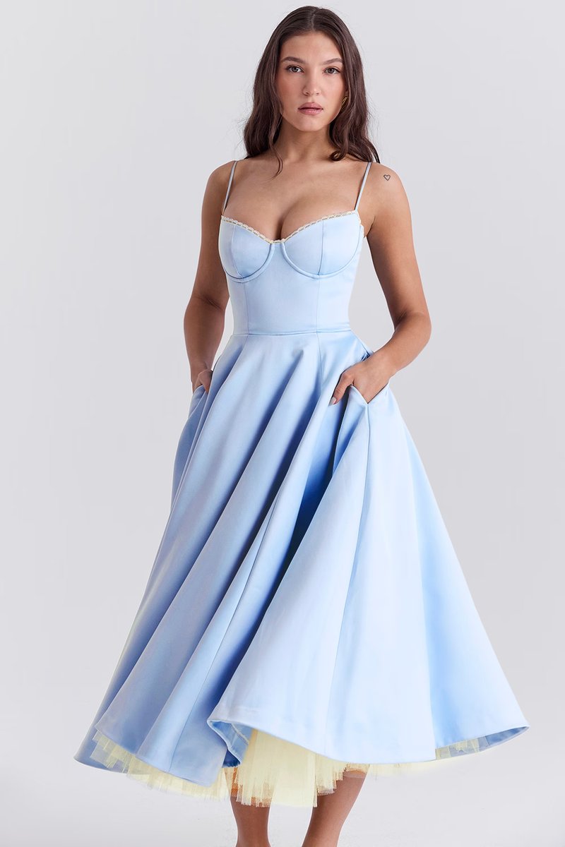 Women satin midi party dress corset bodice swing skirt full length