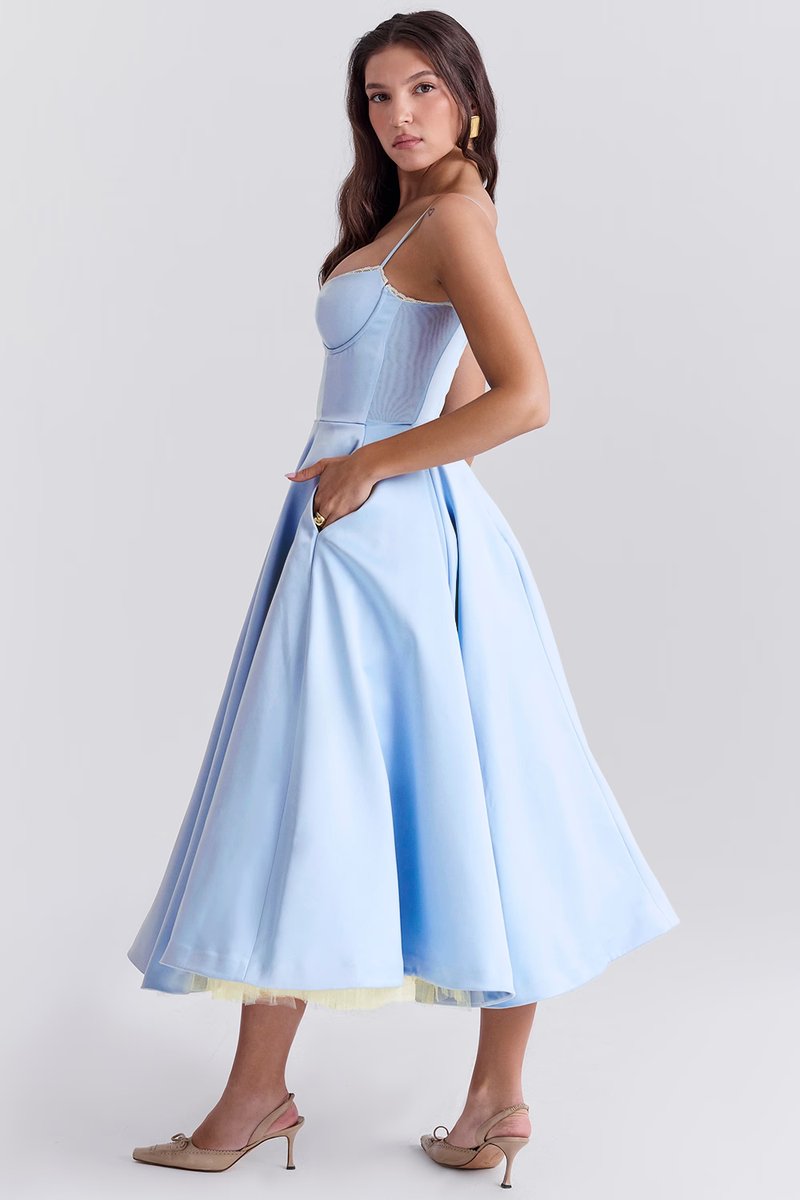 Women satin midi party dress corset bodice swing skirt full length