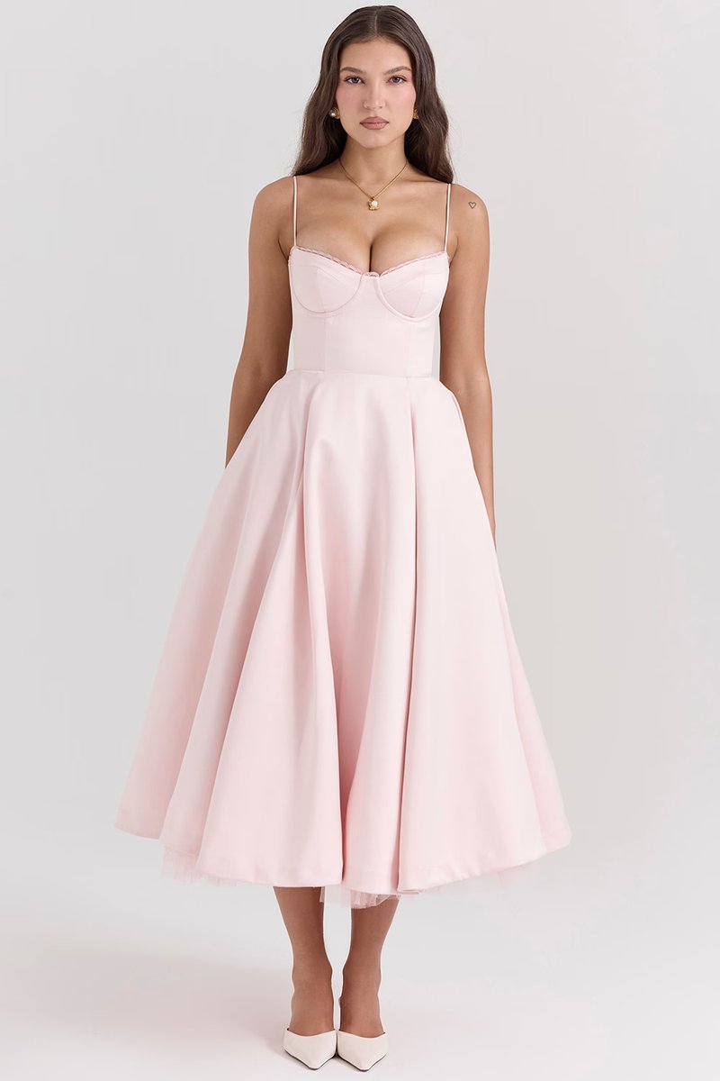 Women satin midi party dress corset bodice swing skirt full length