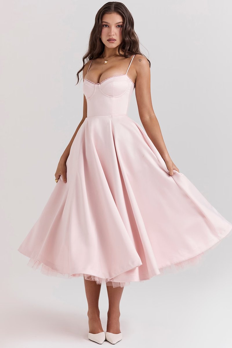 Women satin midi party dress corset bodice swing skirt full length