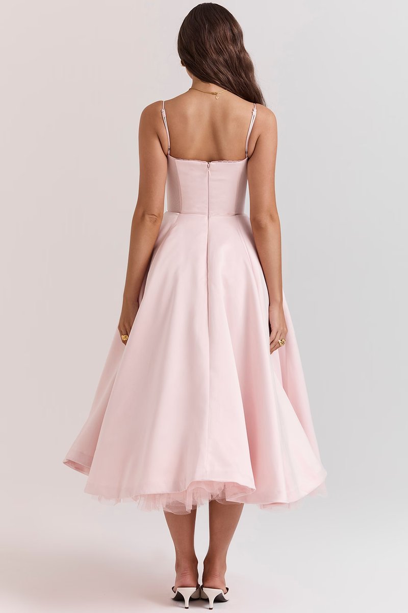 Women satin midi party dress corset bodice swing skirt full length