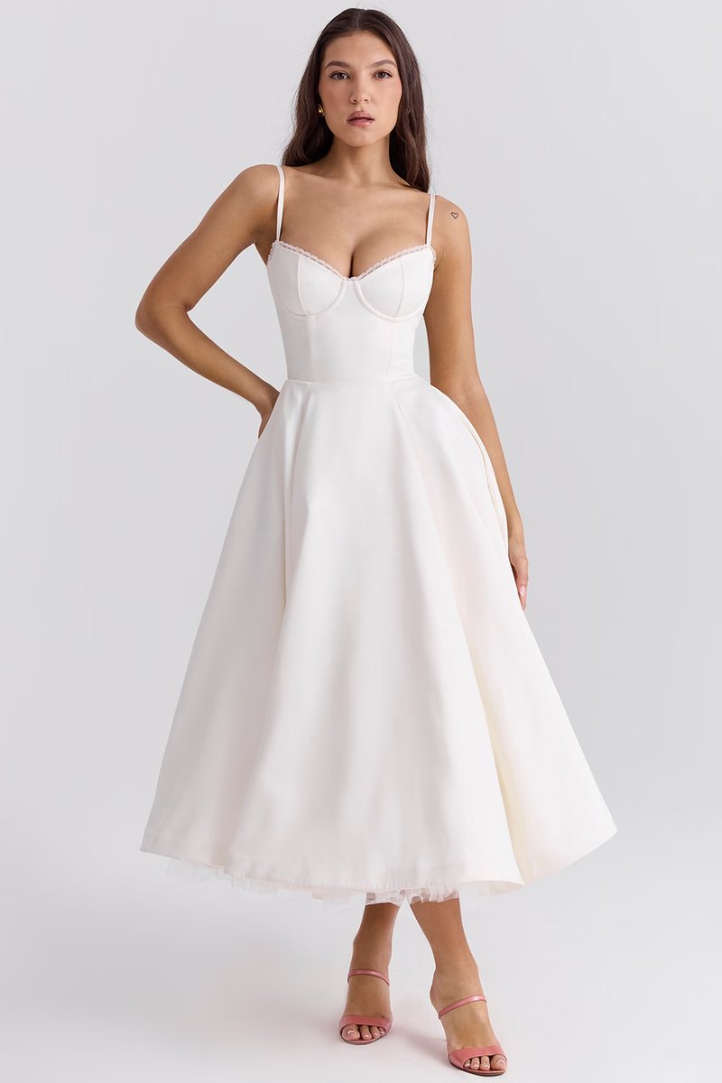 Women satin midi party dress corset bodice swing skirt full length