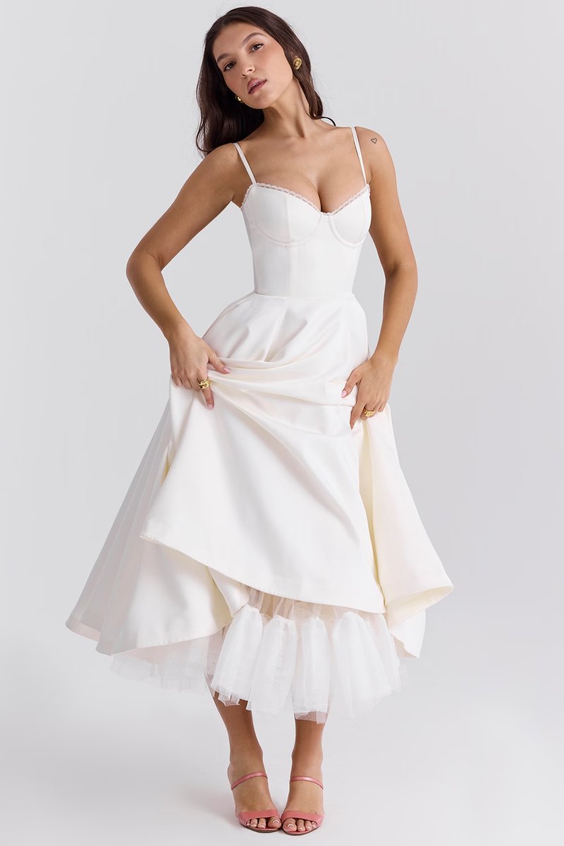 Women satin midi party dress corset bodice swing skirt full length
