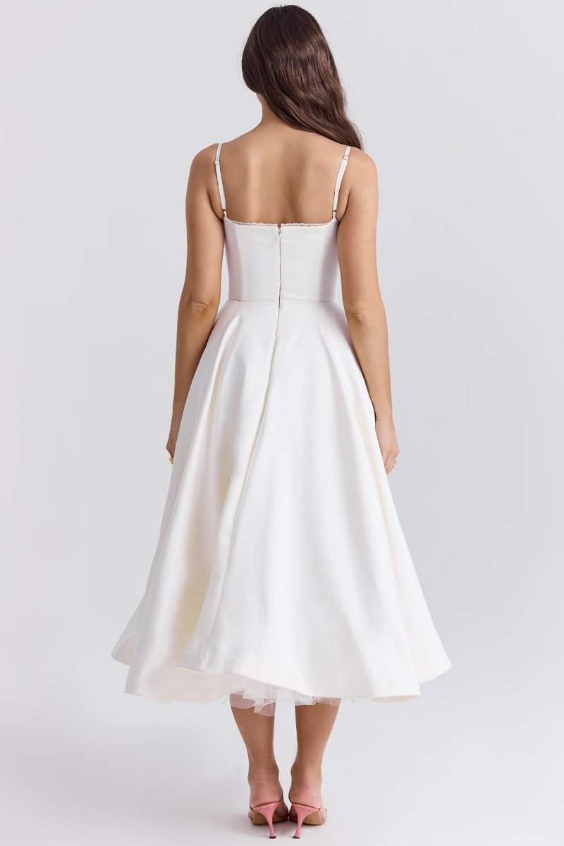 Women satin midi party dress corset bodice swing skirt full length