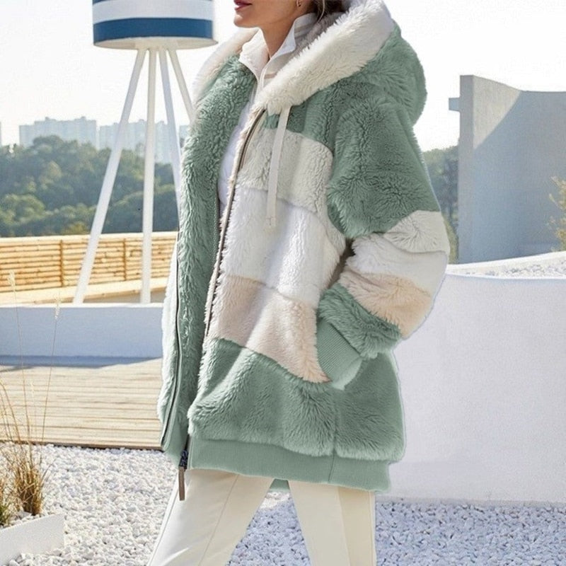 Women fluffy hooded winter jacket colour block oversized zip up