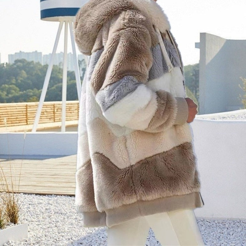 Women fluffy hooded winter jacket colour block oversized zip up