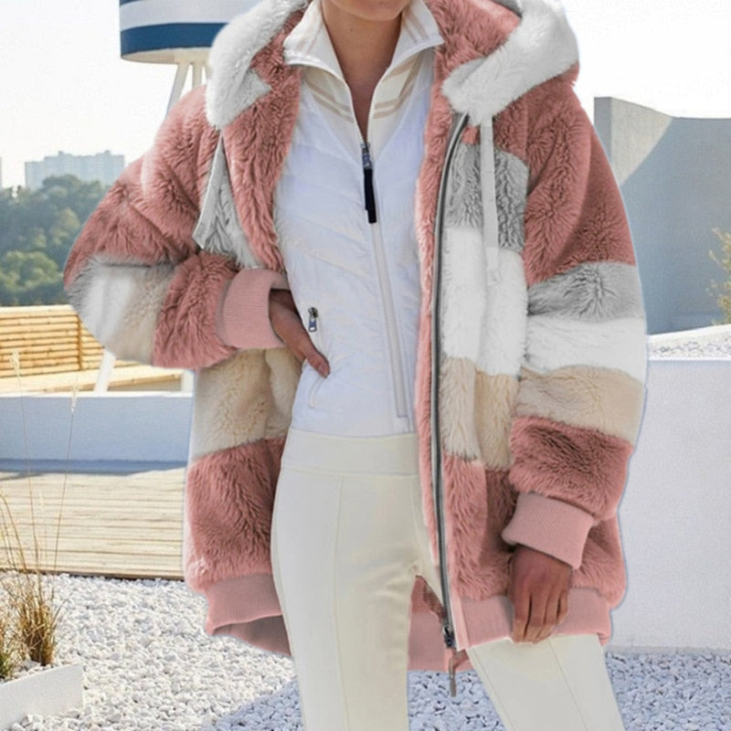 Women fluffy hooded winter jacket colour block oversized zip up