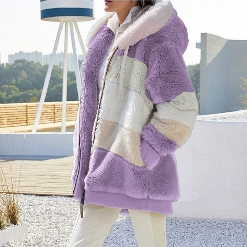 Women fluffy hooded winter jacket colour block oversized zip up