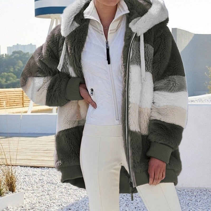 Women fluffy hooded winter jacket colour block oversized zip up