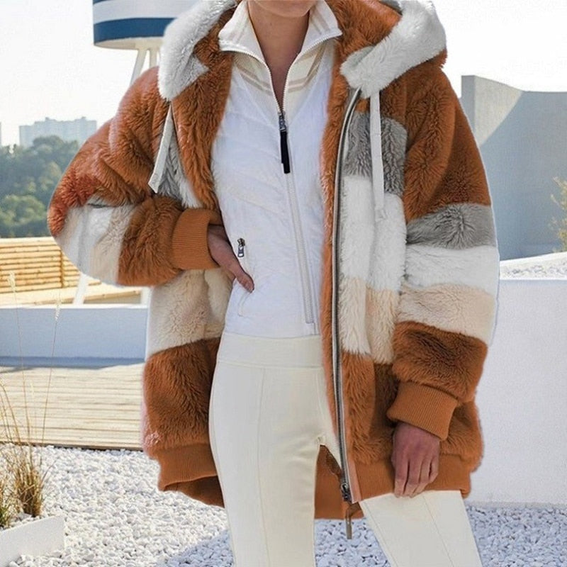 Women fluffy hooded winter jacket colour block oversized zip up
