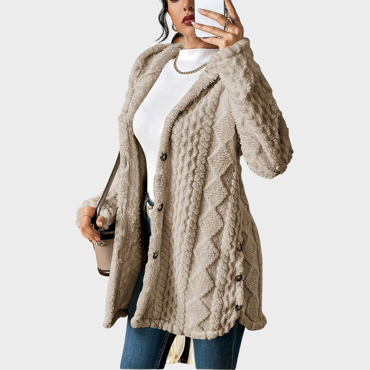 Women plush hoodie cardigan oversized button front in cosy soft fabric