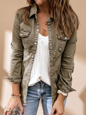 Women’s Denim Jacket | Button Front, Shirt Collar | Transitional Style