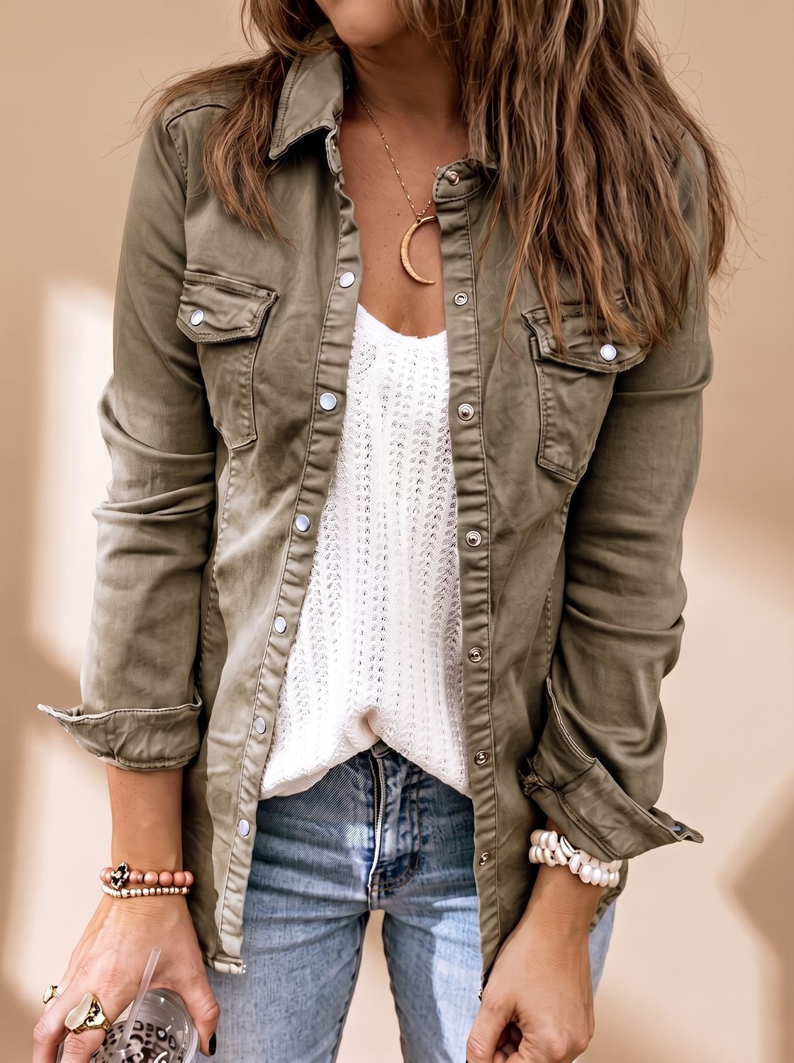 Women denim jacket button front shirt collar slightly fitted silhouette
