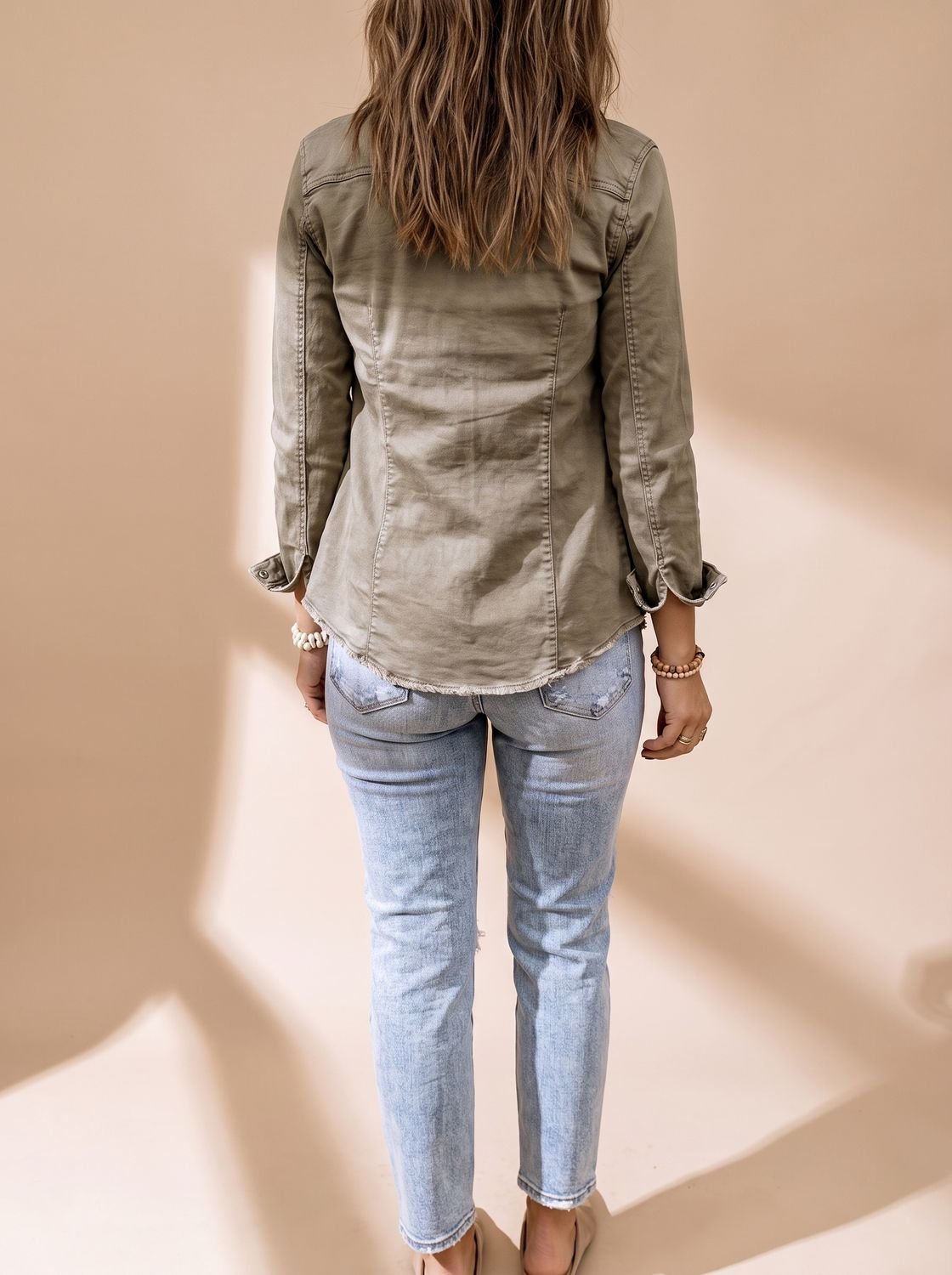 Women denim jacket button front shirt collar slightly fitted silhouette