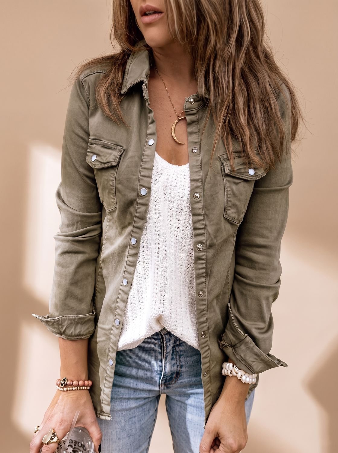 Women denim jacket button front shirt collar slightly fitted silhouette