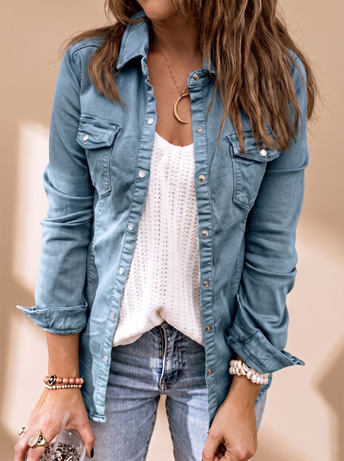 Women denim jacket button front shirt collar slightly fitted silhouette