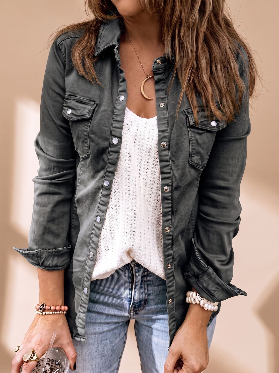 Women denim jacket button front shirt collar slightly fitted silhouette