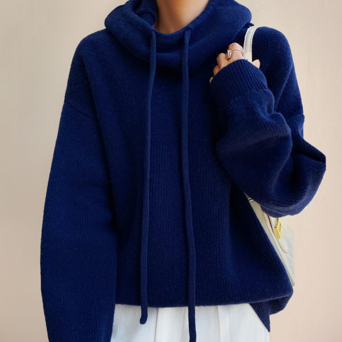 Women knit hoodie oversized fit with drawstring hood