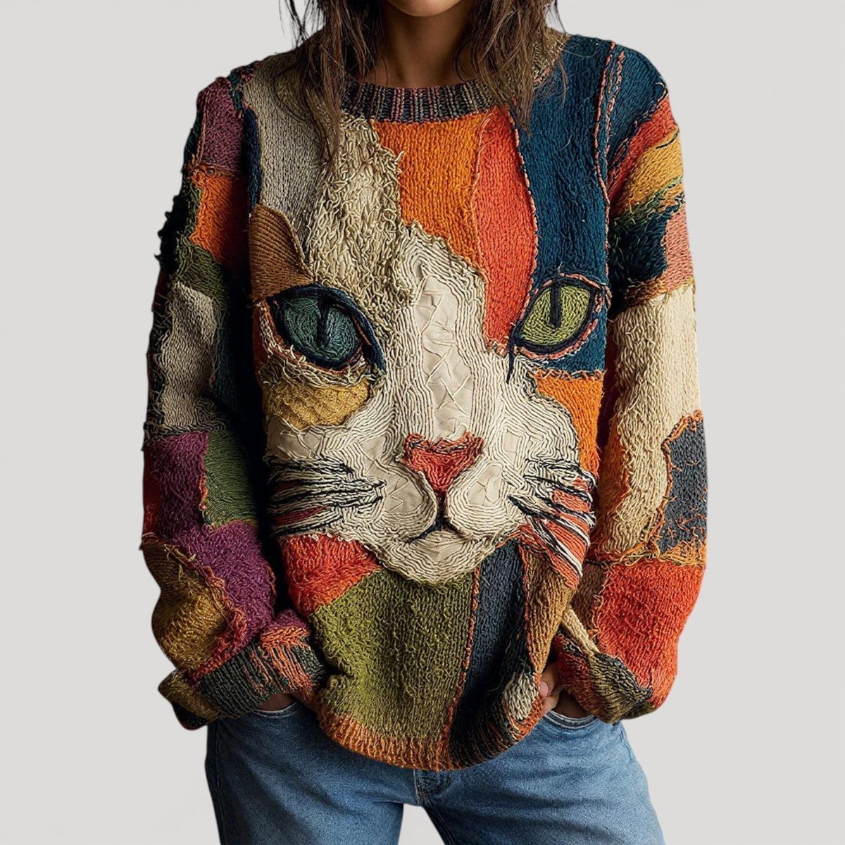 Women knit sweater cat print crew neck relaxed fit multicolour
