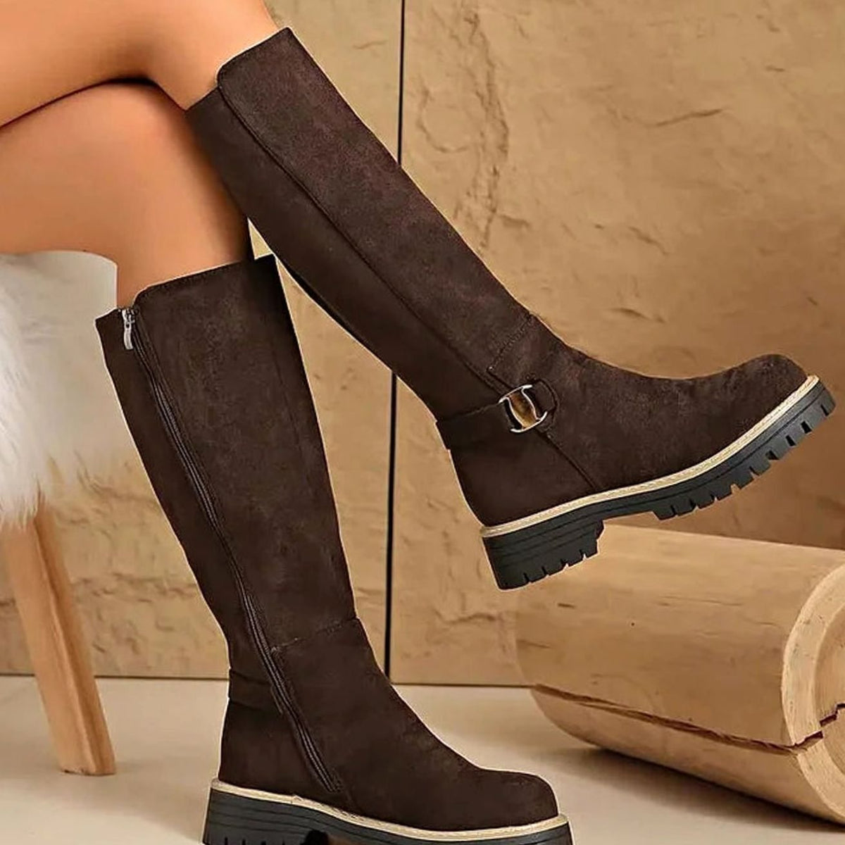 Women knee high boots with gold buckle and chunky sole side zip closure