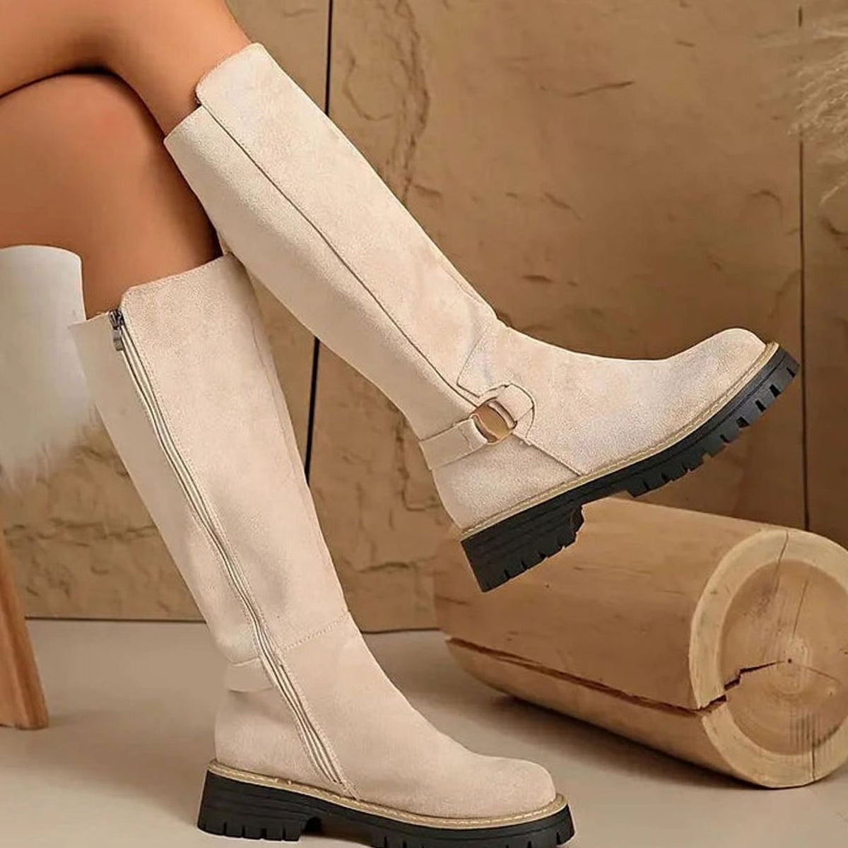 Women knee high boots with gold buckle and chunky sole side zip closure